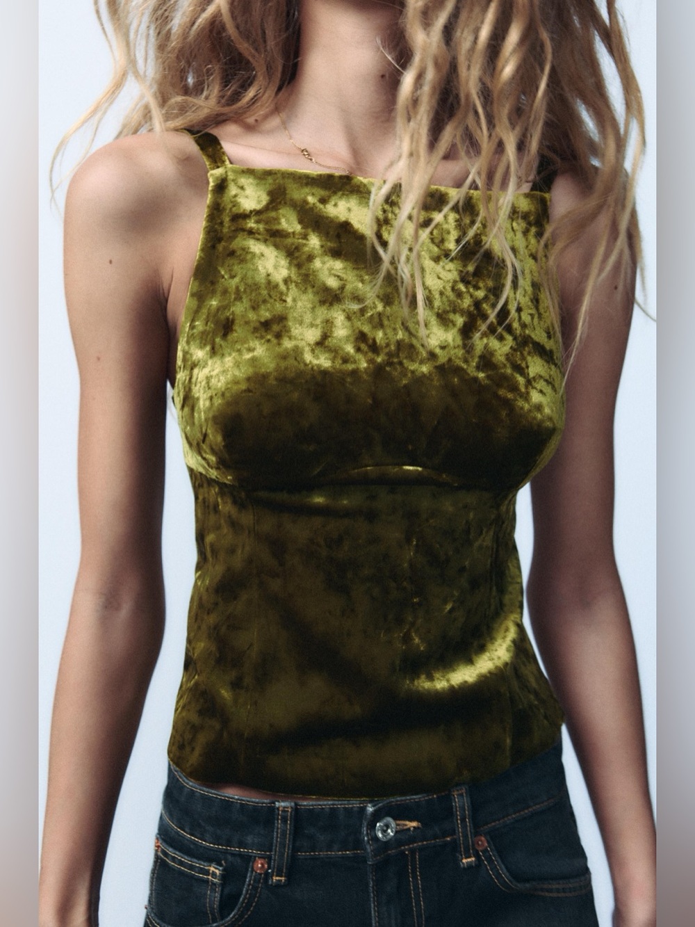 Zara Olive Green Velvet Bow Tank Top sz M